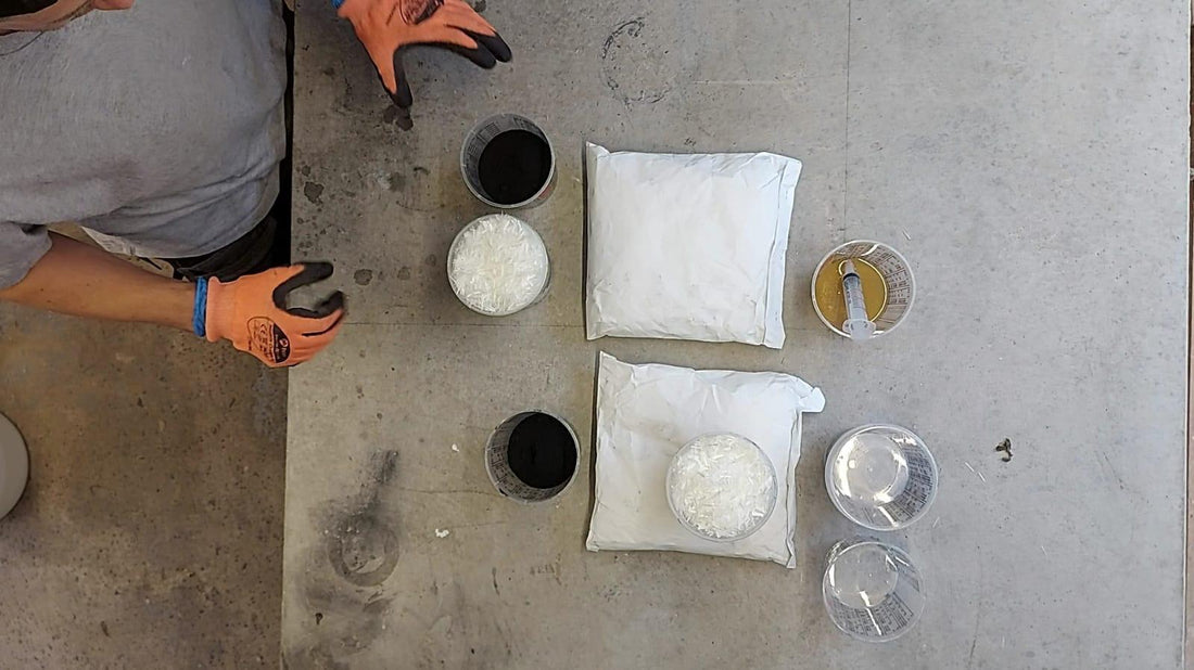 Concrete table ratios. Paul is measuring ratios for a bespoke table made from concrete.