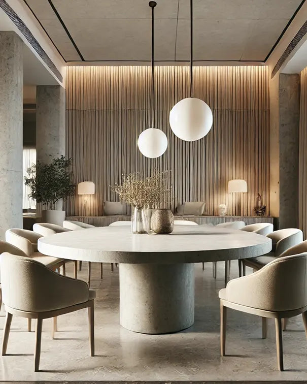 Large Round Concrete Dining Table in White with Column Concrete Base