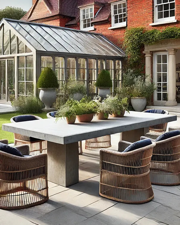 Medium Rectangular Concrete Outdoor Table in Light Grey with Taupe Block Concrete Base