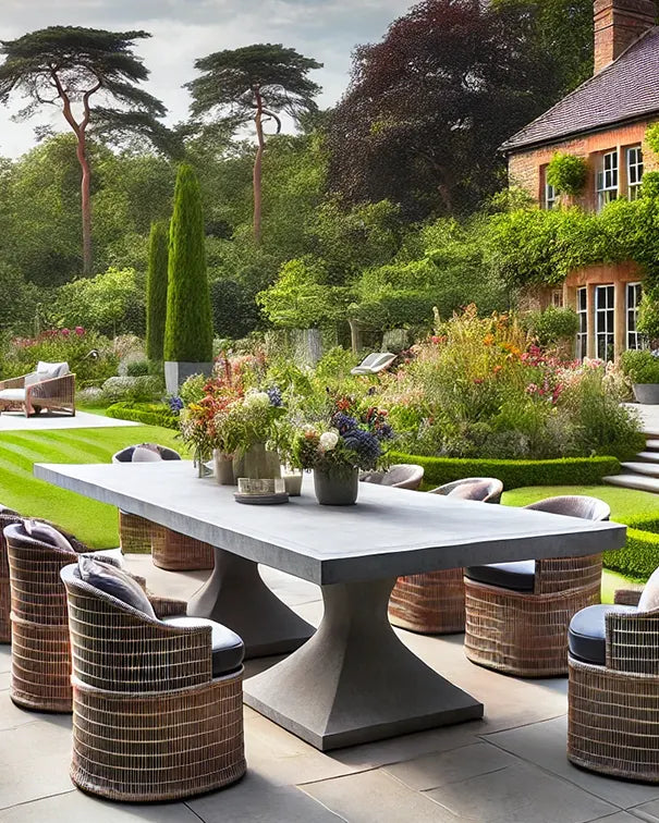 Medium Rectangular Concrete Outdoor Table in Light Grey with Pedestal Concrete Base