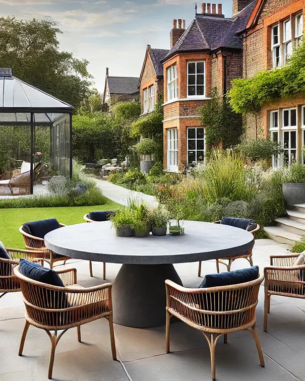 Medium Round Concrete Outdoor Table in Light Grey with Cone Concrete Base