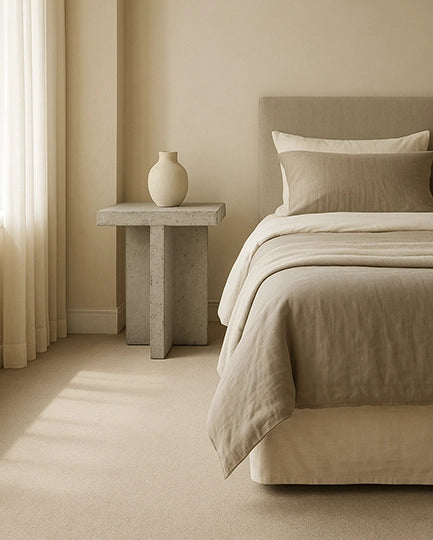 Small Concrete Bedside Table in Warm Beige with T-Shaped Concrete Base