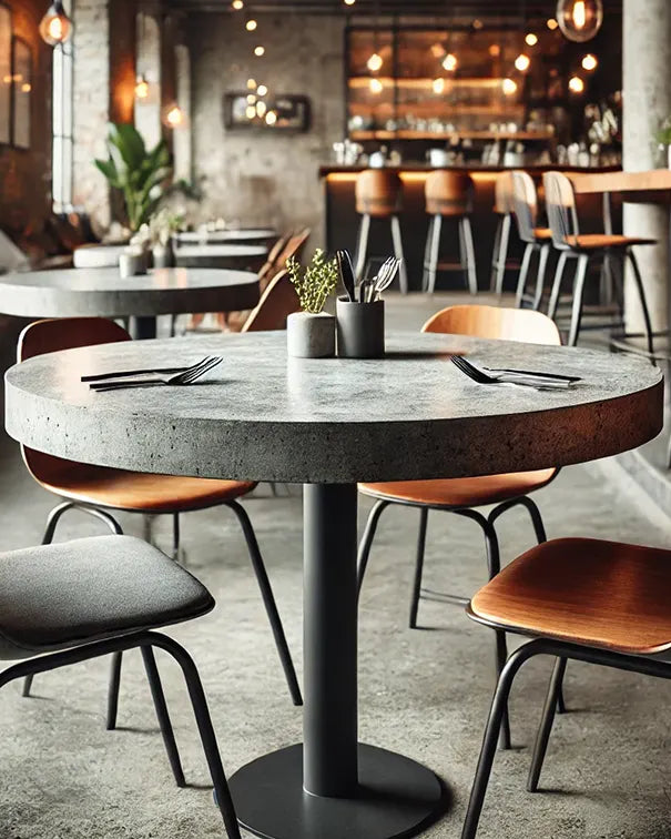 Small Round Concrete Cafe Table in Light Grey with T Shape (Round Base) Jet Black Metal Base