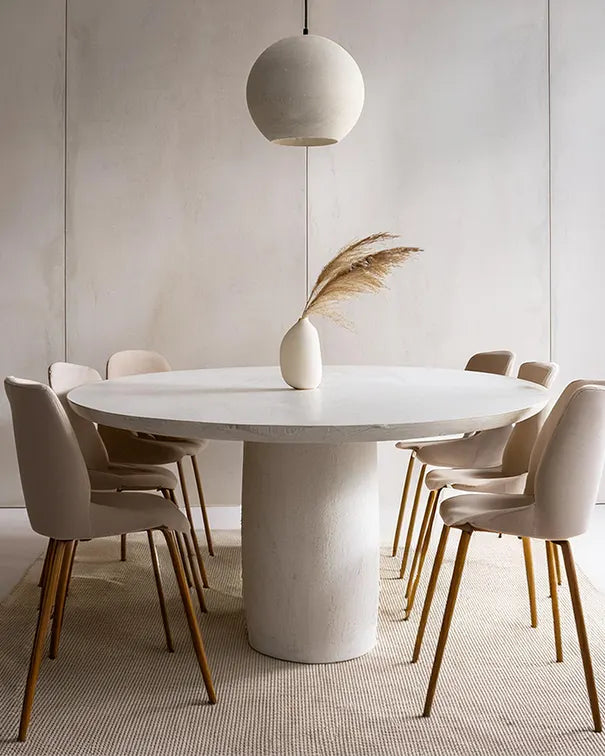 Small Round Concrete Dining Table in White with Pillar Concrete Base