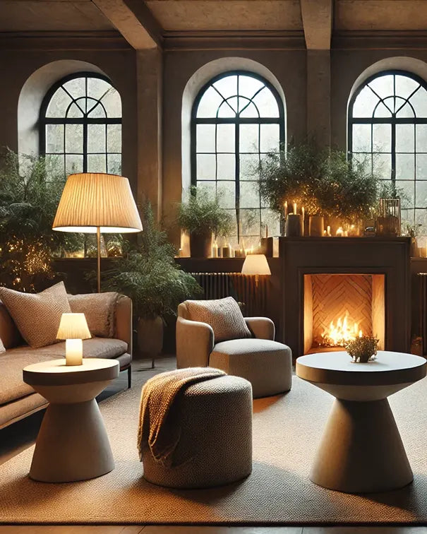 Small Round Concrete Lamp Table in Warm Beige with Trapezoidal Concrete Base