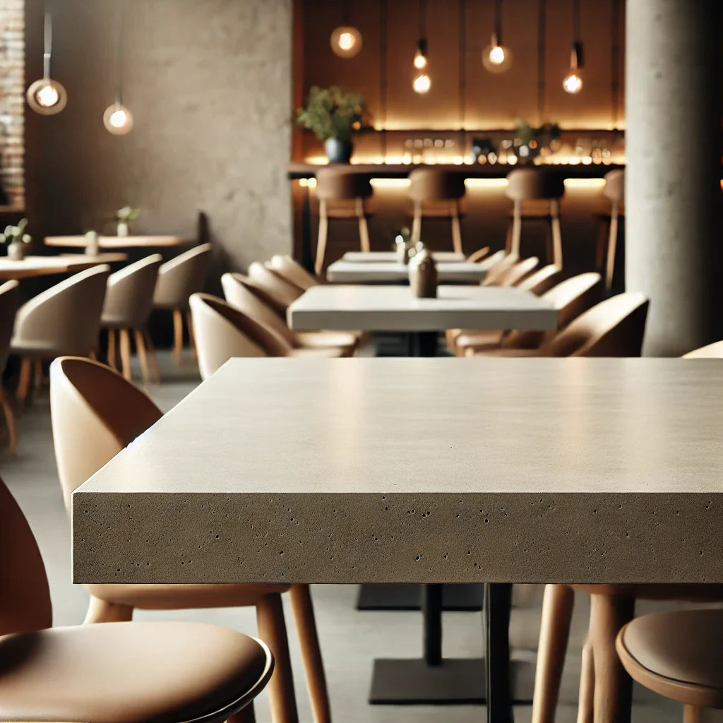 Small Square Concrete Cafe Table in Warm Beige with T Shape (Square Base) Jet Black Metal Base