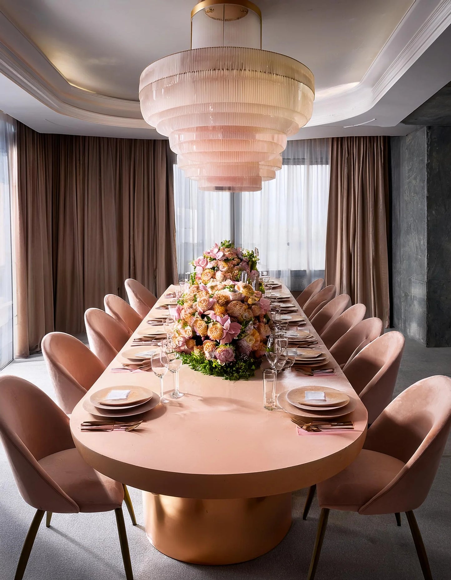 Large Oval Concrete Table in Pink with Column Concrete Base