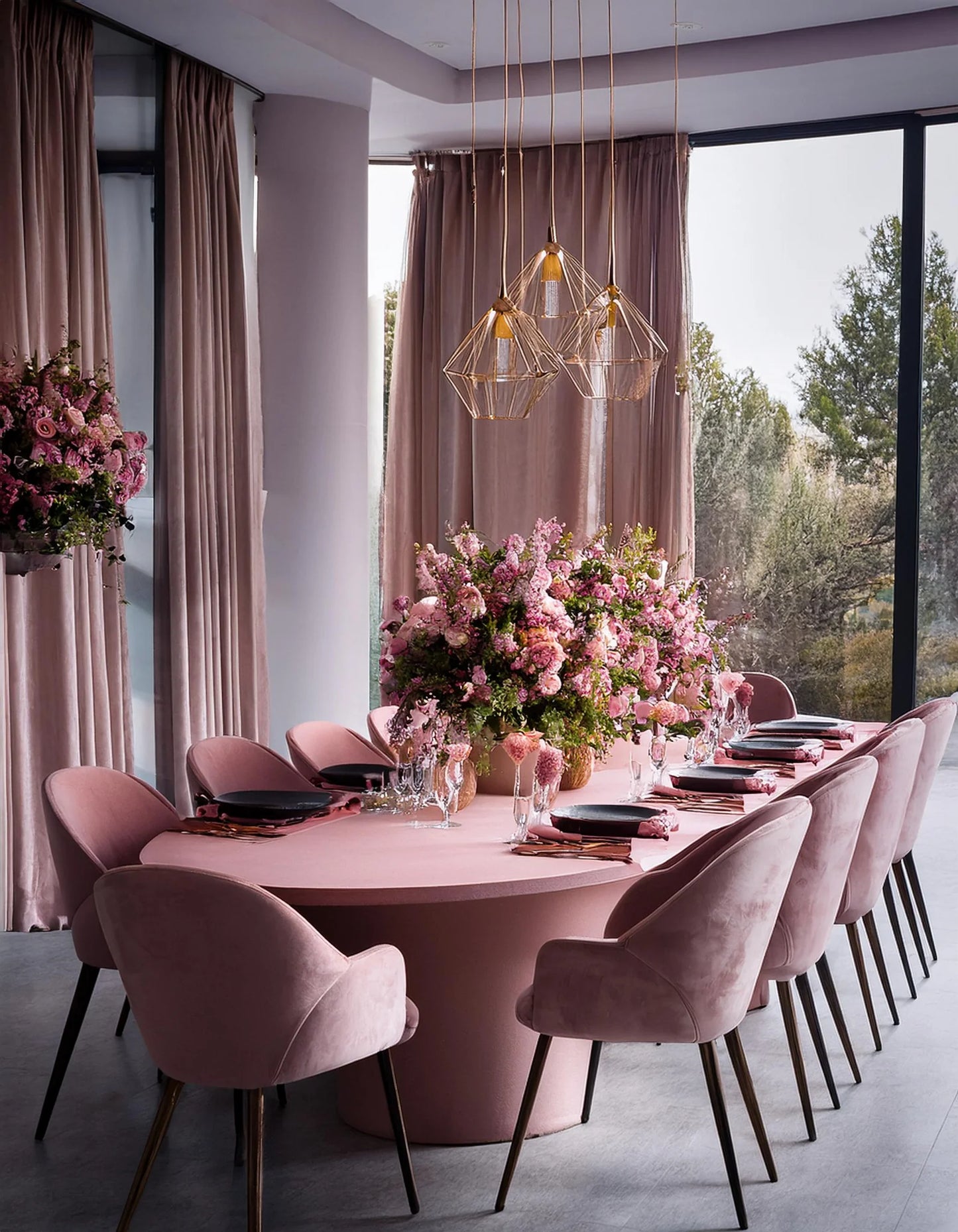 Large Oval Concrete Table in Pink with Pedestal Base