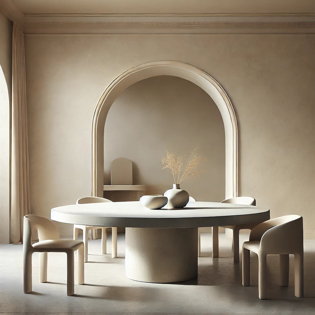 Large Round Concrete Dining Table in Warm Beige with Column Concrete Base