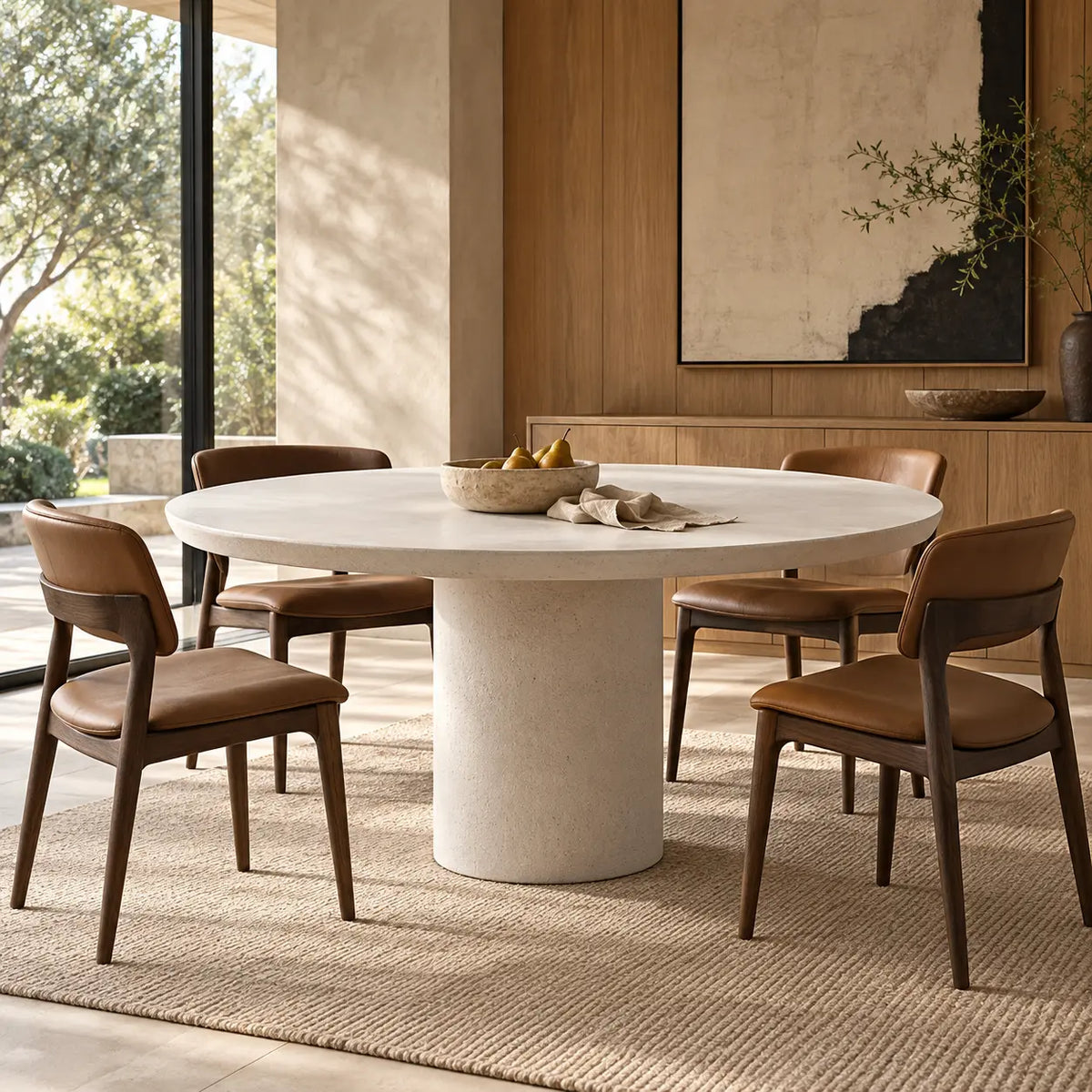 Small Round Concrete Dining Table in White with Pillar Concrete Base