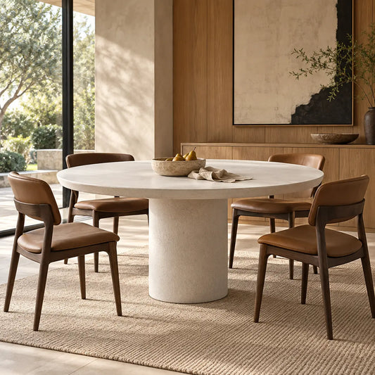 Small Round Concrete Dining Table in White with Pillar Concrete Base