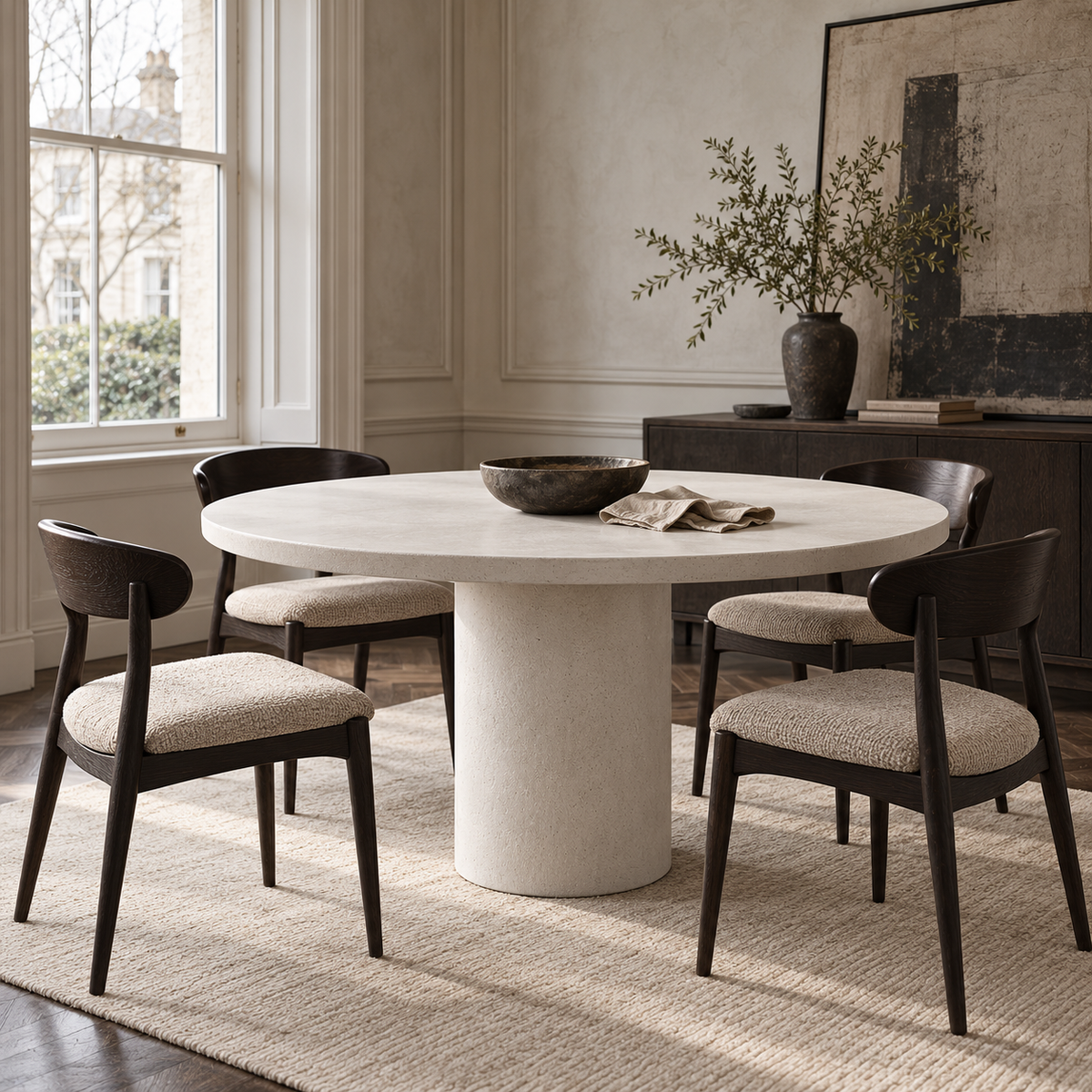 Small Round Concrete Dining Table in White with Pillar Concrete Base