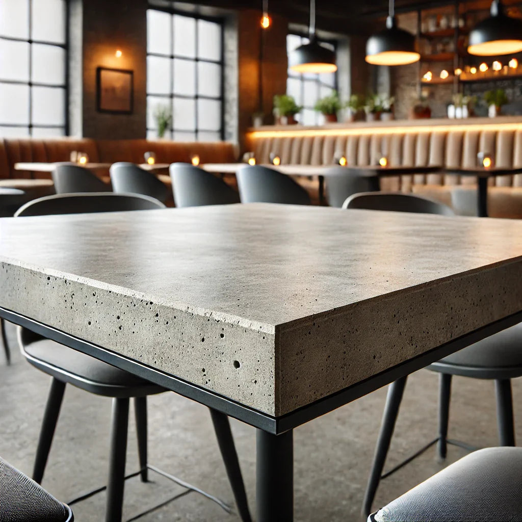 Small Square Concrete Cafe Table in Light Grey with T Shape (Square Base) Jet Black Metal Base