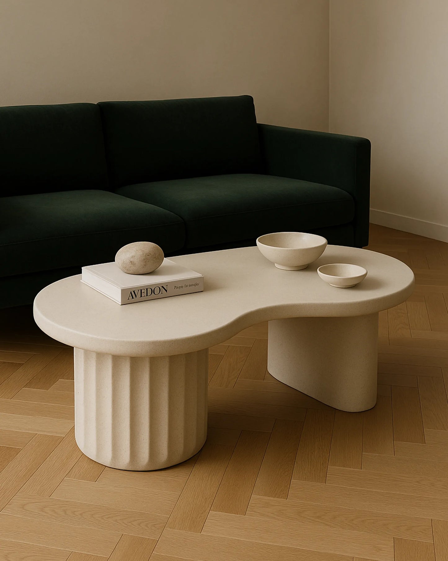Kidney-Shaped Concrete Coffee Table with Fluted Concrete Base in Ivory Finish